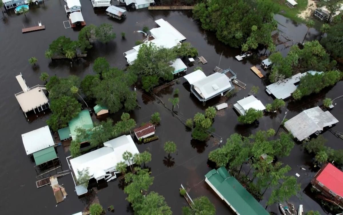 Homes surrounded by floodwaters left behind by Hurricane Idalia in Steinhatchee, Fla., on Aug. 30, 2023. (Daniel Kozin/AP Photo)
