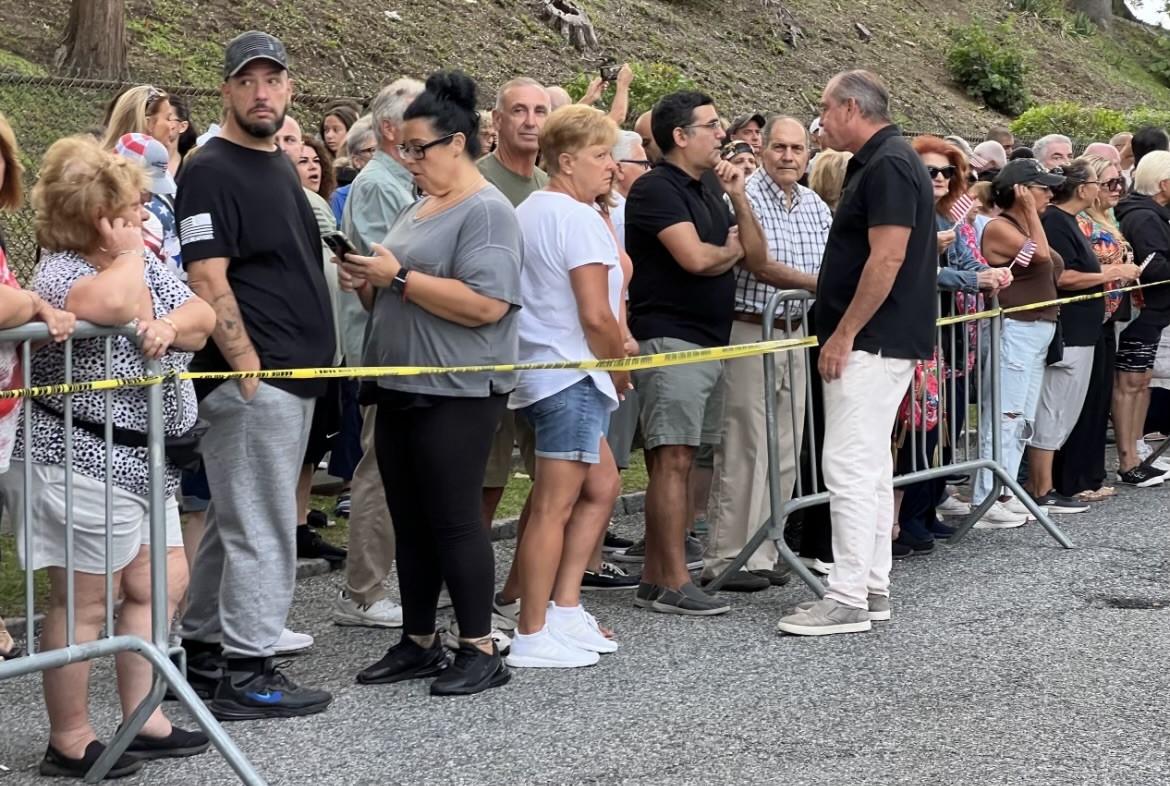 Staten Island Borough President Vito Fossella (at right, wearing black shirt and white pants) at a protest outside a Catholic school that was converted into a shelter for illegal immigrants on Aug. 29, 2023. (Courtesy of the Office of the Staten Island Borough President)