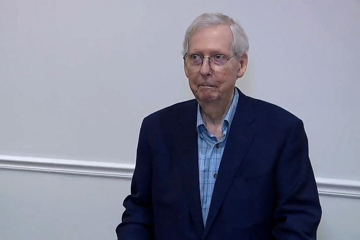 Senate Minority Leader Mitch McConnell (R-Ky.) appears to freeze up for more than 30 seconds during a public appearance after an event with the Northern Kentucky Chamber of Commerce in Covington, Ky., on Aug. 30, 2023, a still from video. (ABC Affiliate WCPO via Reuters)