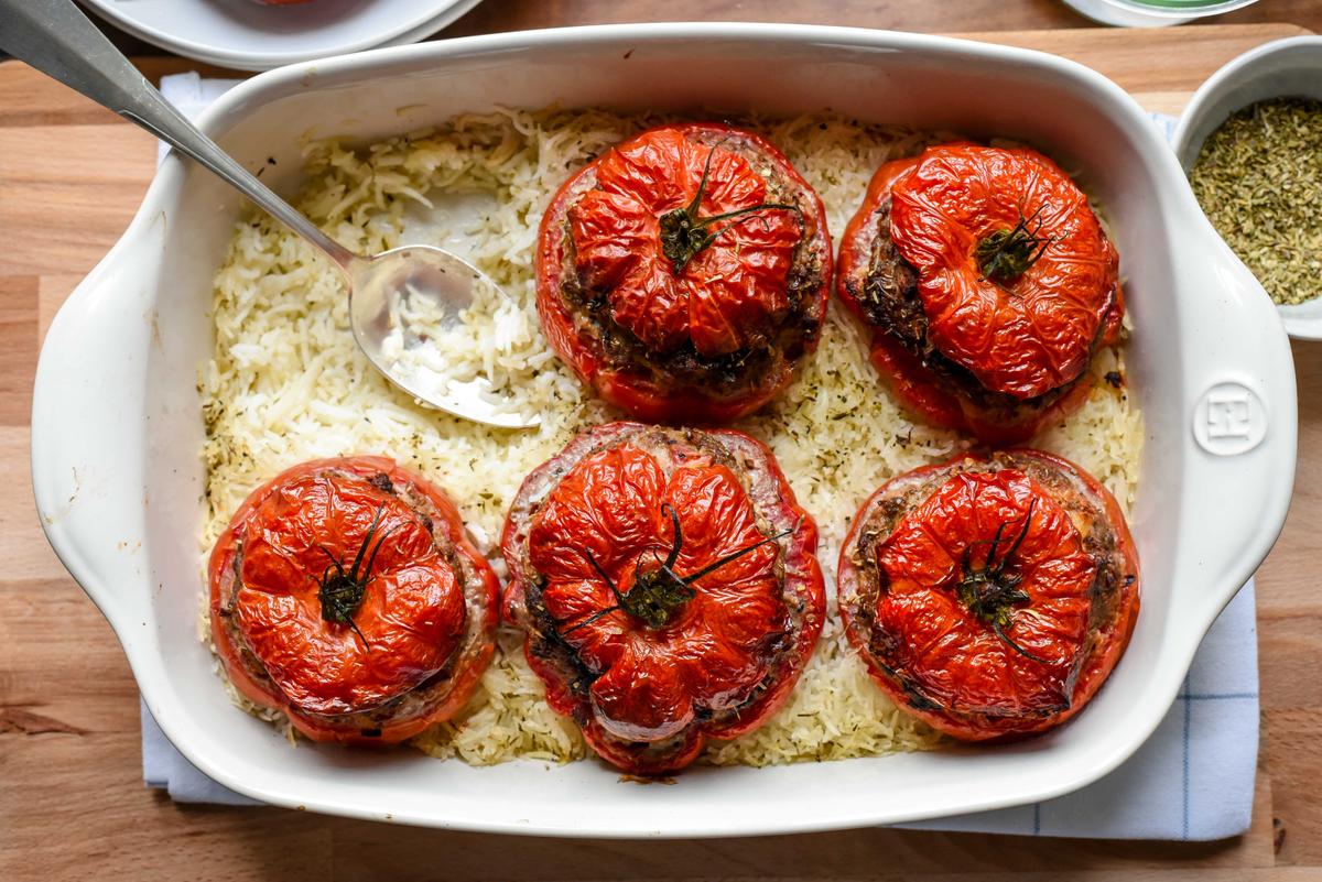 After baking, the rice will be flavorful from all the beef and tomato juices, with a slightly crispy top. (Audrey Le Goff)