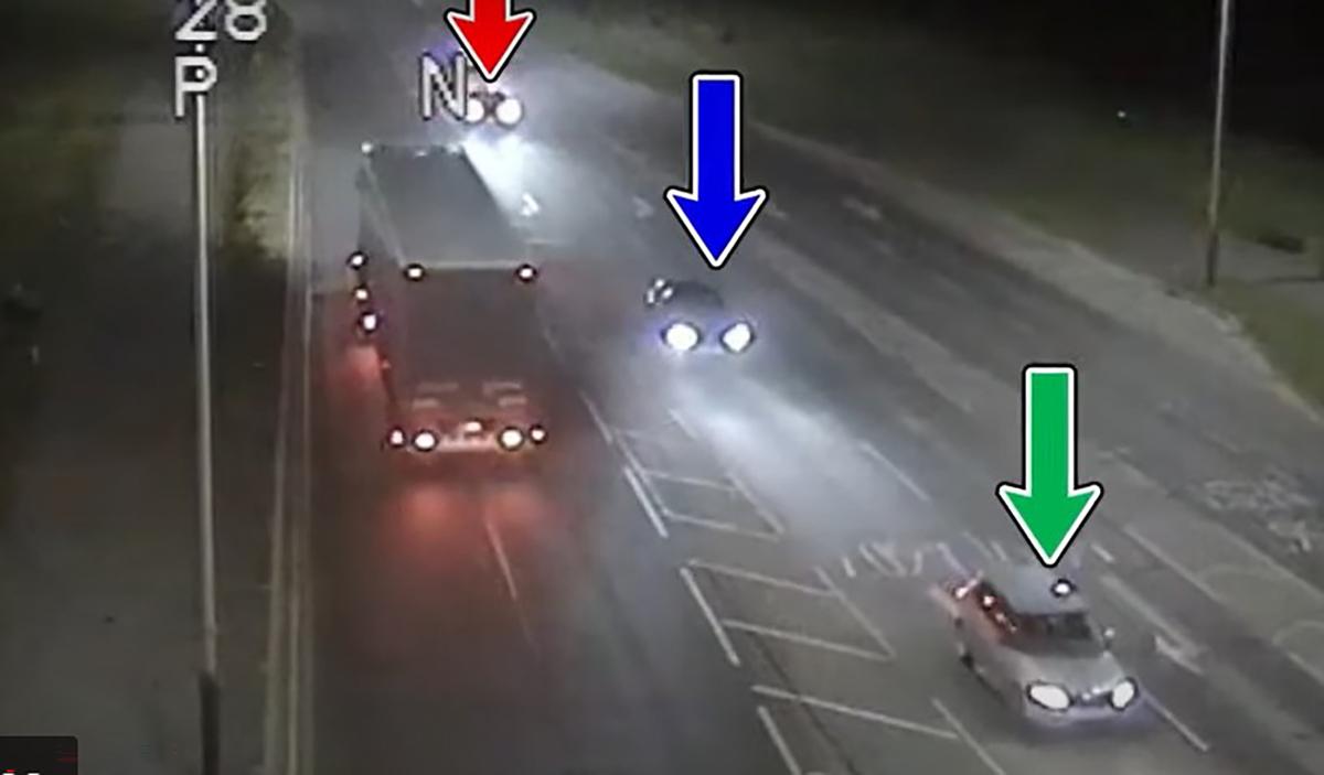 Screengrab taken from CCTV footage—shown at Mahek Bukhari's murder trial—of two vehicles following the victim's car on the A46 near Leicester, England, on Feb. 11, 2022. (Leicestershire Police)