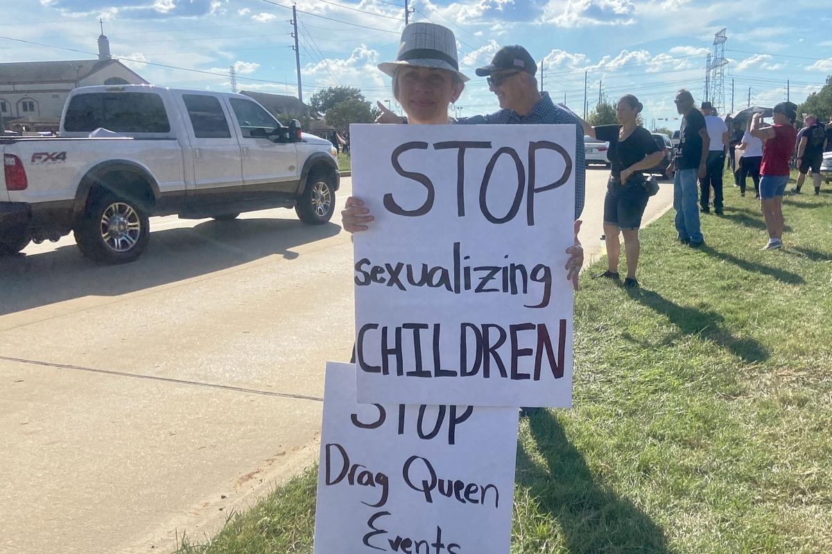 Protesters express their views about a drag queen event held at a church in Katy, Texas, on Sept. 24, 2022. (Darlene McCormick Sanchez/The Epoch Times)