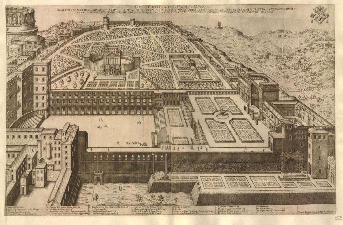A print of the Belvedere Garden in the Vatican, with the foundation of St Peter's Basilica to the left, 1574, by Mario Cartaro. (<a href="https://commons.wikimedia.org/wiki/File:Cortile_del_Belvedere_1574.jpg">British Museum</a>/<a href="https://creativecommons.org/licenses/by-sa/4.0/deed.en">CC BY-SA 4.0</a>)