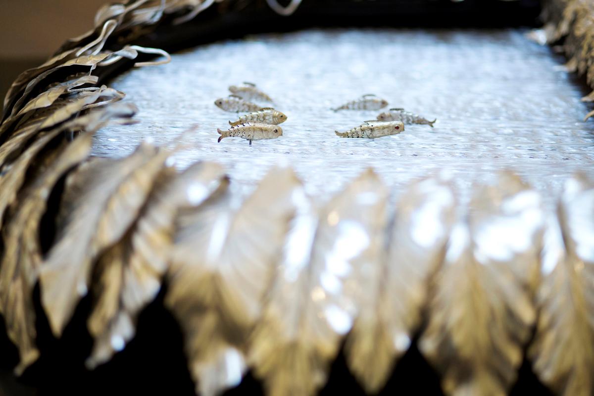 Tiny metallic fish are included in the mechanical action of the Silver Swan at the Bowes Museum, County Durham, UK. (SWNS)