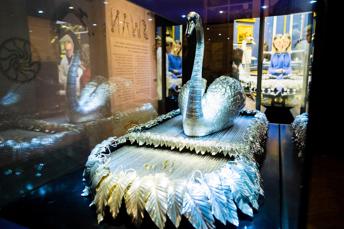 The Silver Swan sits in a glass display cabinet at the Bowes Museum in County Durham, UK. (SWNS)