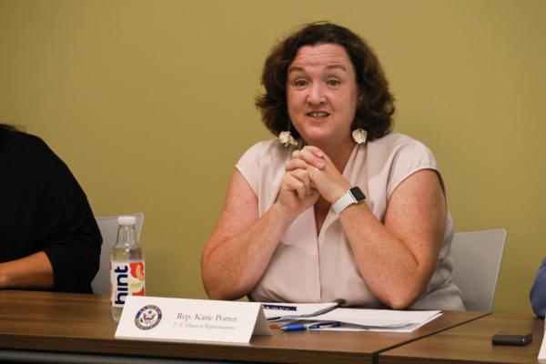 U.S. Rep. Katie Porter (D-Calif.) speaks at a gathering at the Be Well OC offices in Orange, Calif., on Aug. 31, 2023. (John Fredricks/The Epoch Times)