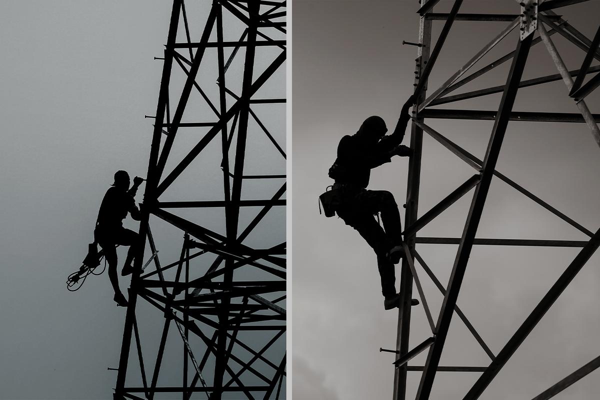 Illustrative images show how Daniel Pohl and Robert Oswald might have appeared, climbing the electrical towers near Czechoslovakia's border with Austria in July, 1986. (Illustration - anurakss/Shutterstock)