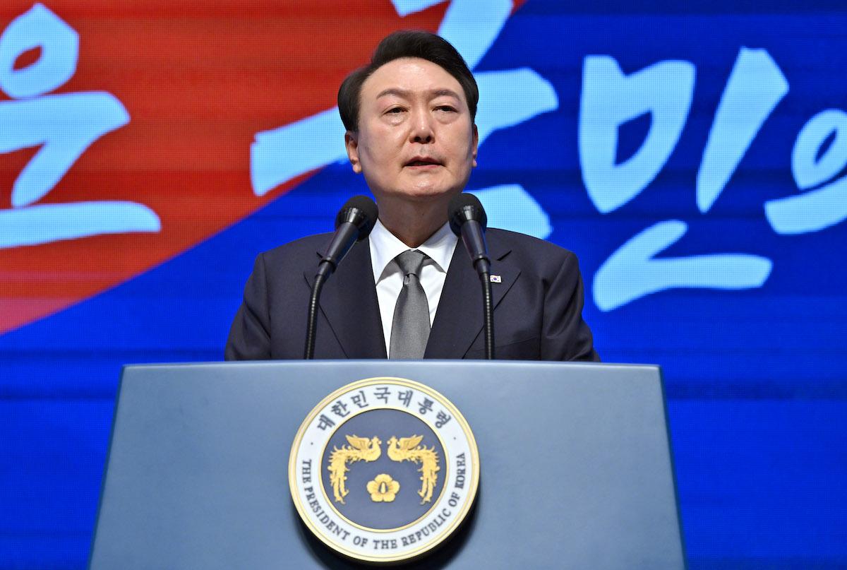 South Korean President Yoon Suk Yeol speaks during the 104th Independence Movement Day ceremony in Seoul, South Korea, on March 1, 2023. (Jung Yeon-Je - Pool/Getty Images)