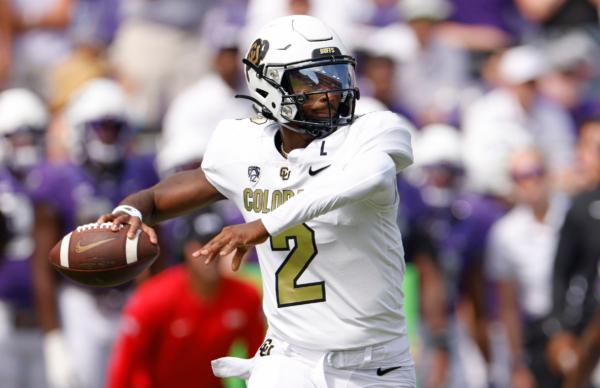 Shedeur Sanders (2) of the Colorado Buffaloes throws downfield against the TCU Horned Frogs during the first half at Amon G. Carter Stadium in Fort Worth, Texas, on Sept. 2, 2023. (Ron Jenkins/Getty Images)