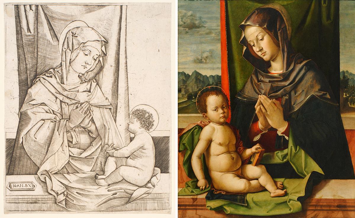 Early Italian engraving. (L) "Madonna and Child," circa 1503–05, by Benedetto Montagna. Engraving on laid paper; 8 1/8 inches by 6 3/8 inches. (R) "Virgin Adoring the Child," circa 1500, by Bartolomeo Montagna. Tempera and oil on panel; 30 1/2 inches by 24 5/8 inches. The Clark Art Institute, Massachusetts. (Public Domain)