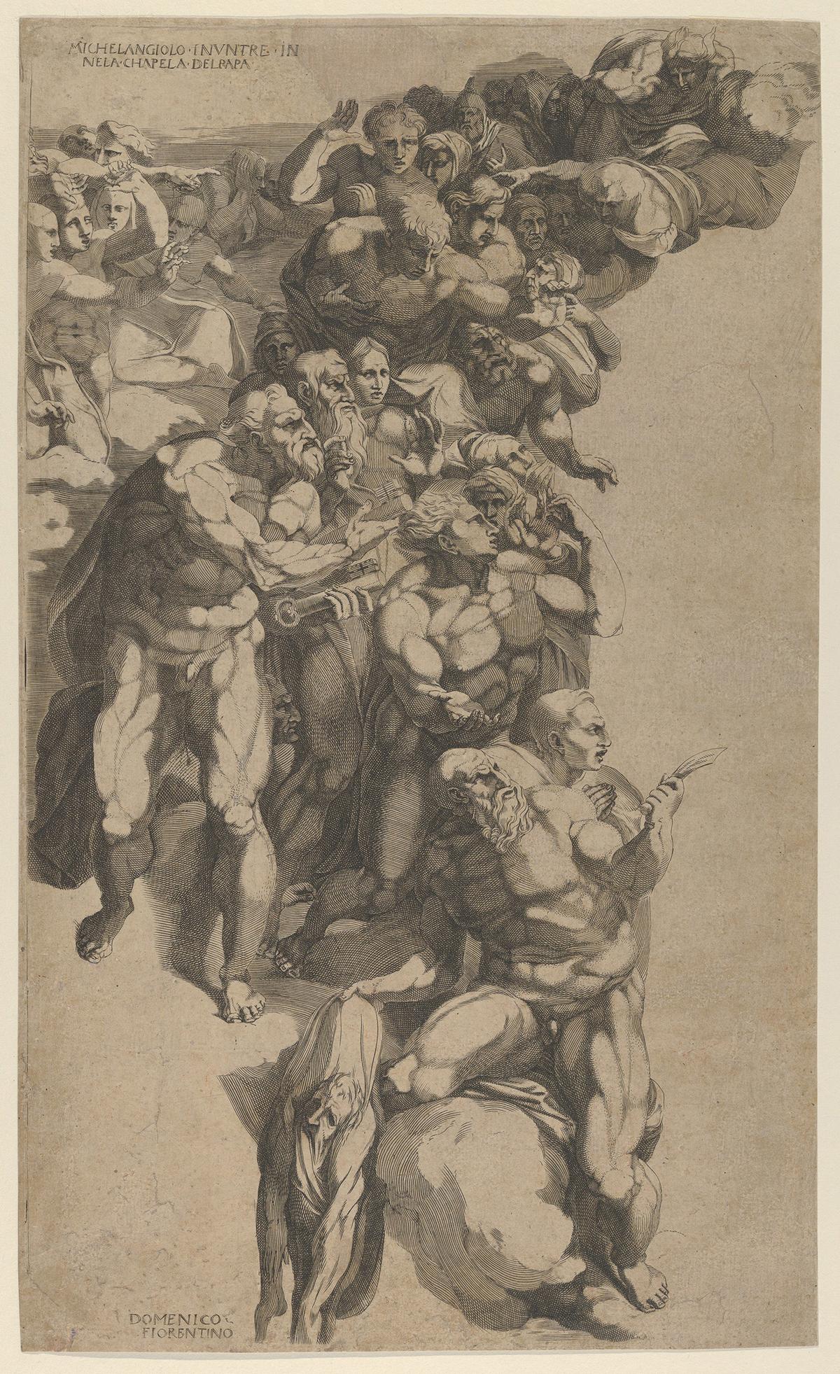 "Group From Last Judgment, St. Bartholomew, St. Peter, and Other Apostles," 1506–1565, by Domenico del Barbiere after Michelangelo. Engraving; 14 3/4 inches by 8 7/8 inches. Metropolitan Museum of Art, New York City. (Public Domain)
