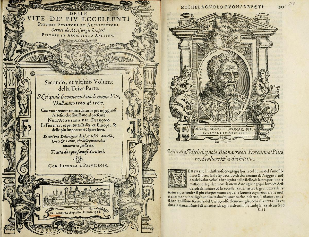 Section on the life of Michelangelo from "The Lives of the Most Excellent Painters, Writers, and Architects,"1511–1574, by Giorgio Vasari. <a href="https://archive.org/details/levitedepiveccel03vasa/page/714/mode/2up">Internet Archive</a>. (Public Domain)