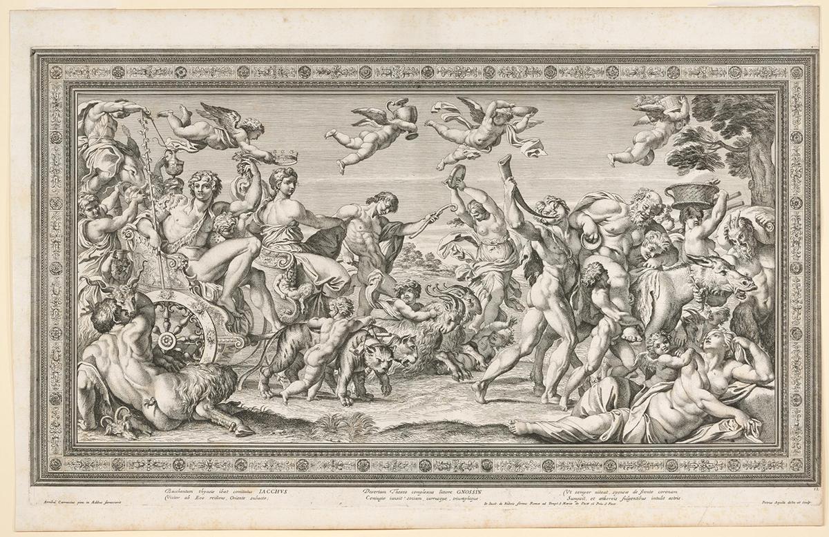 "<a href="http://www.ngv.vic.gov.au/explore/collection/work/34372">Triumph of Bacchus and Ariadne</a>," 1674, by Pietro Aquila after Annibale Carracci. Engraving; 15.2 inches by 27.4 inches. National Gallery of Victoria, Melbourne. (Public Domain)
