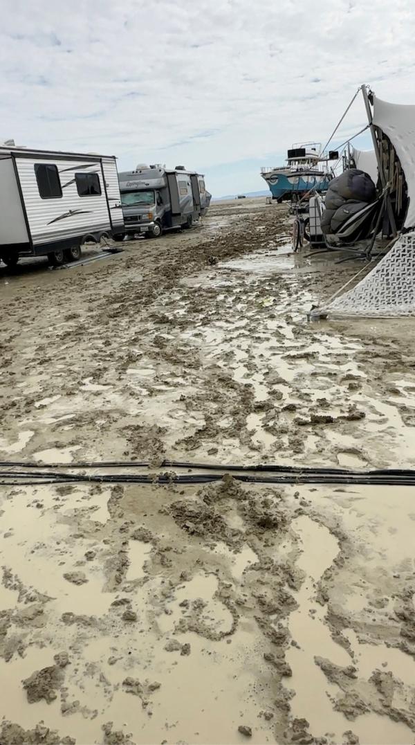 The mud covers the ground at the site of the Burning Man festival in Black Rock, Nevada, on Sept. 2, 2023. (Paul Reder/via Reuters)