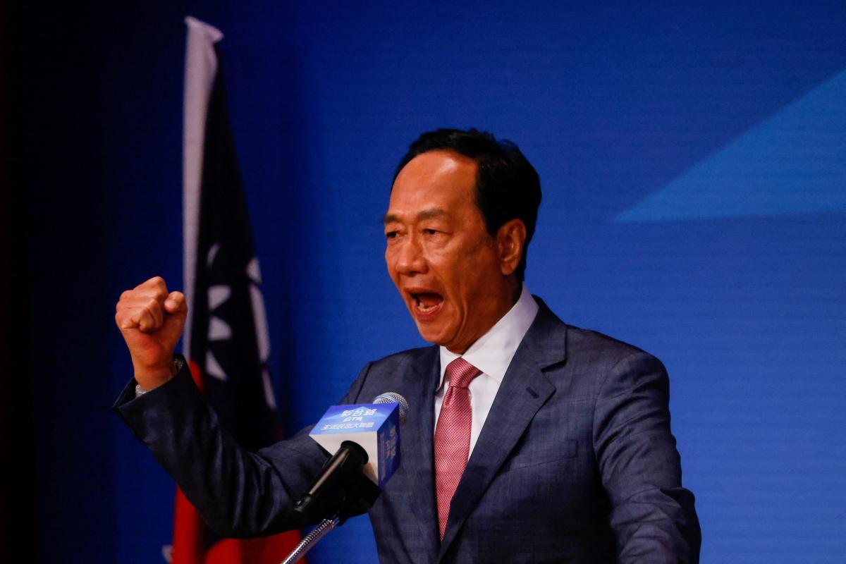 Terry Gou, Foxconn founder, announces his bid for the Taiwan presidency during a press event in Taipei, Taiwan, on Aug. 28, 2023. (Ann Wang/Reuters)