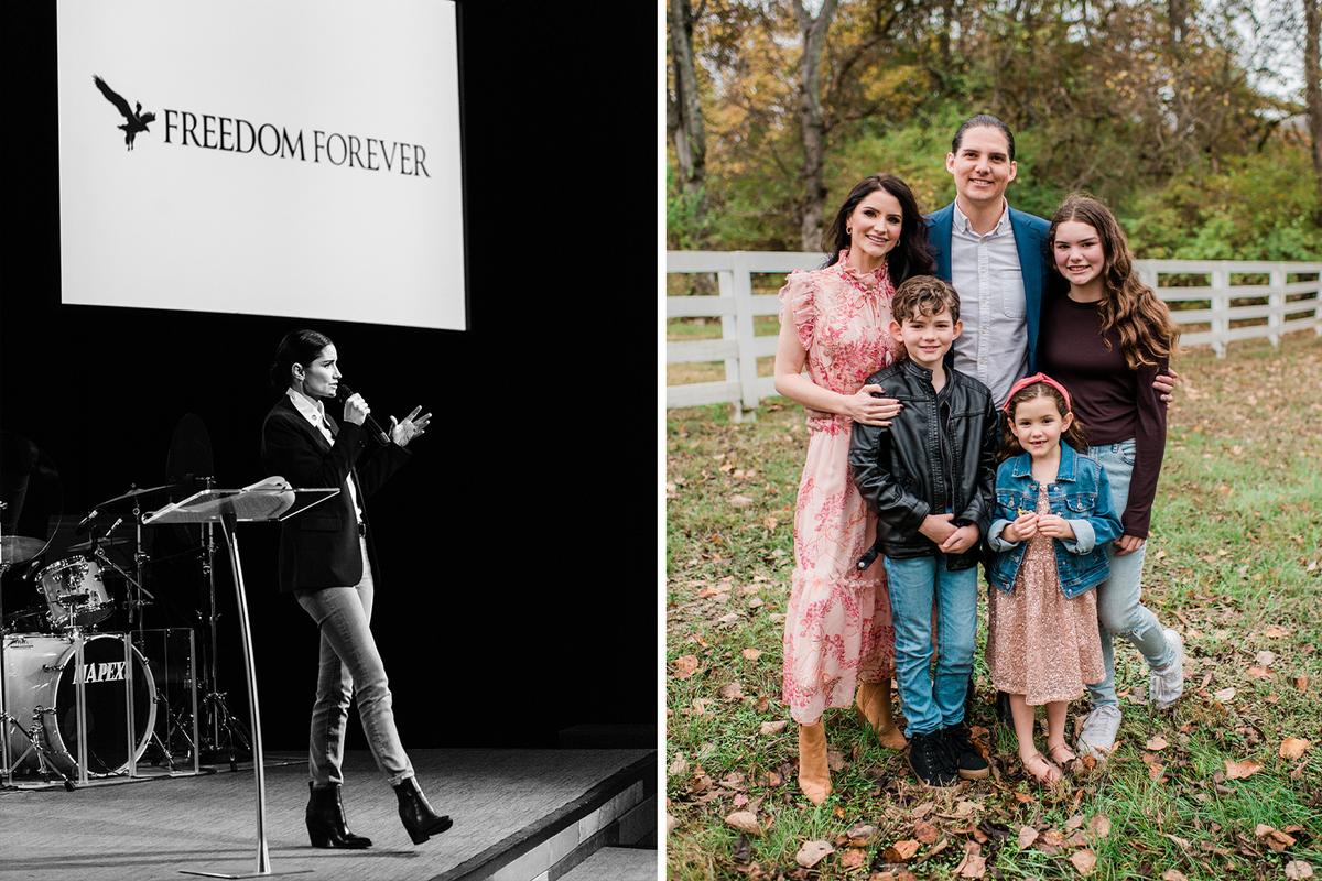 (Left) Landon Starbuck onstage at an event featuring Freedom Forever (Courtesy of Adrienne Figueroa); (Right) Landon Starbuck, her husband, Robbie Starbuck, and their three children. (Courtesy of Adrienne Figueroa)