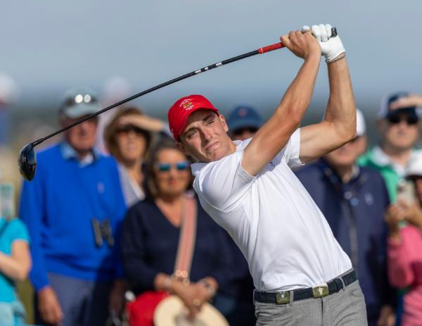 Ben James of the USA in action during day two of the 2023 Walker Cup at St Andrews, Scotland, on Sept. 3, 2023. (Robert Perry/PA via AP)
