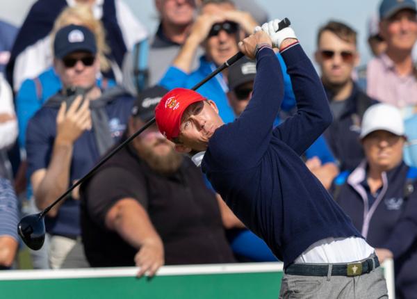 Gordon Sargent of the USA in action during day two of the 2023 Walker Cup at St Andrews, Scotland, on Sept. 3, 2023. (Robert Perry/PA via AP)