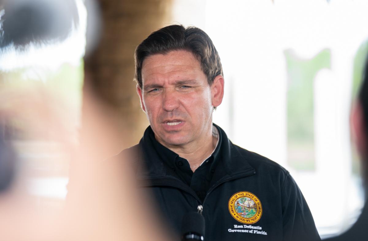 Florida Gov. Ron DeSantis gives a press conference in Steinhatchee, Fla., on Aug. 31, 2023. (Sean Rayford/Getty Images)