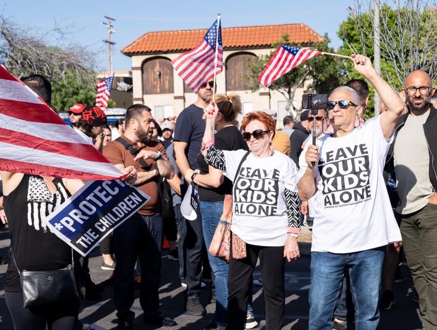 Parents, community members, and activists gather at a Glendale Unified School board meeting to protest district policies in schools in Glendale, Calif., on June 20, 2023. (Courtesy of Hasmik Bezirdzhyan)