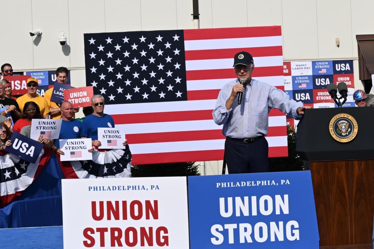 President Joe Biden addresses union workers at Sheet Metal Workers Local 19 in Philadelphia on Sept. 4, 2023. (Mark Makela/Getty Images)