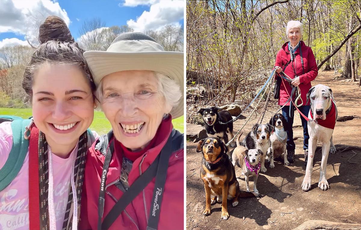 (Left) Alyssa Berkovitz and Emma; (Right) Emma and the crew, including Kernel the giant Great Dane. (Courtesy of <a href="https://www.instagram.com/kernelthegreatdane/">Alyssa Berkovitz</a>)