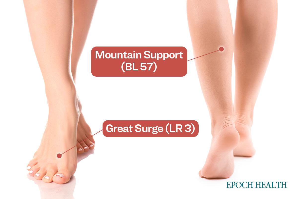 Massage or acupuncture on Great Surge (LR 3) and Mountain Support (BL 57) can improve varicose veins. (The Epoch Times)