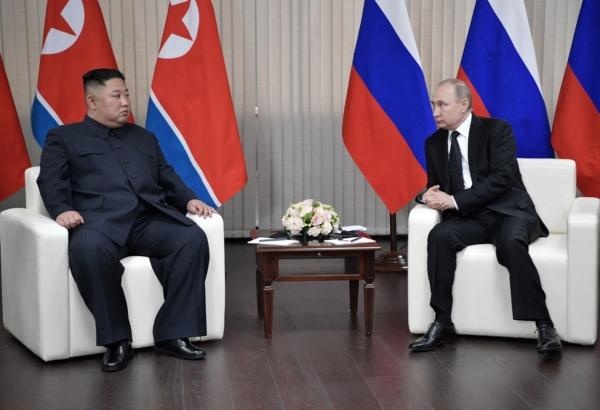 Russian President Vladimir Putin (R) meets with North Korean leader Kim Jong Un (L) at the Far Eastern Federal University campus in the Russian port of Vladivostok on April 25, 2019. (Alexey Nikolsky/Sputnik/AFP via Getty Images)