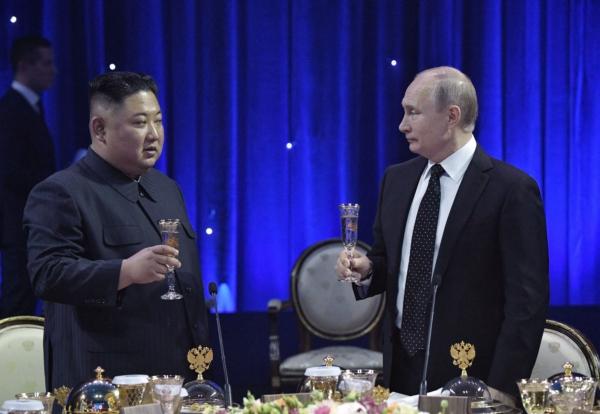Russian President Vladimir Putin and North Korean leader Kim Jong Un attend a reception in Vladivostok, Russia, on April 25, 2019. (Alexey Nikolsky/ Sputnik/ AFP via Getty Images)