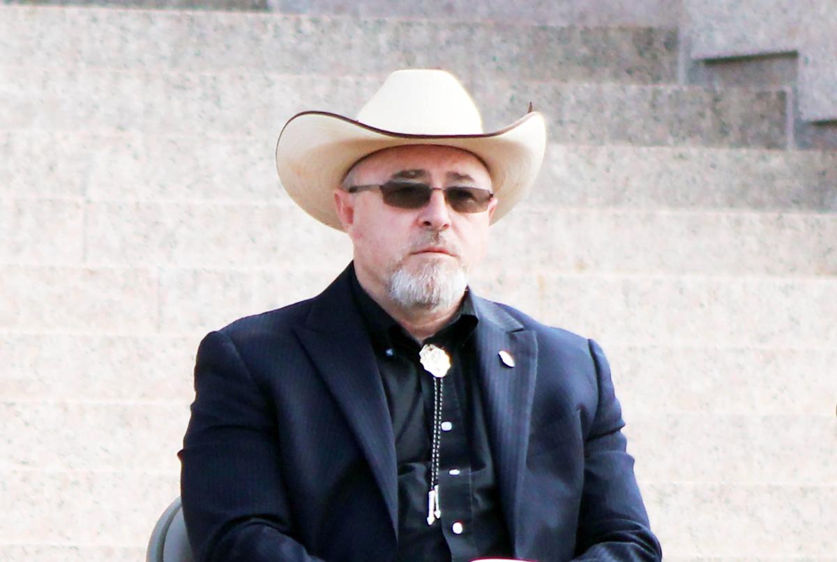 Oklahoma state Rep. J.J. Humphrey wants a probe into a June 16 ATF raid. He is shown at a political rally on the steps of the Oklahoma State Capitol in Oklahoma City on May 9, 2023. (Michael Clements/The Epoch Times)