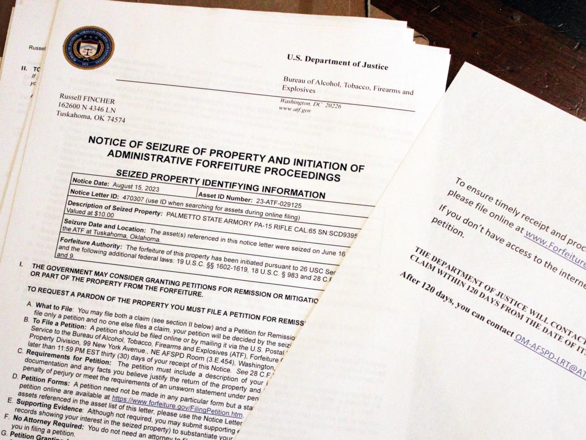 These forms were brought by ATF agents when they raided Russell Fincher's property in Tuskahoma, Okla., on June 16, 2023. (Michael Clements/The Epoch Times)