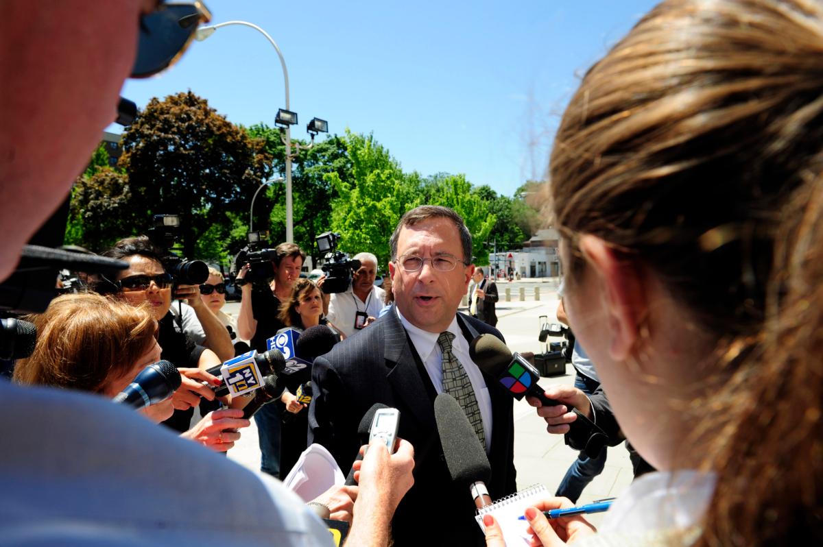 Vincent Briccetti, attorney for suspect James Cromitie, speaks with the media outside the White Plains Federal Court in White Plains, New York, on May 21, 2009. (Stephen Chernin/Getty Images)