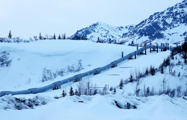 A part of the Trans-Alaska Pipeline System runs past Alaska Range mountains near Delta Junction, Alaska, on May 5, 2023. (Mario Tama/Getty Images)