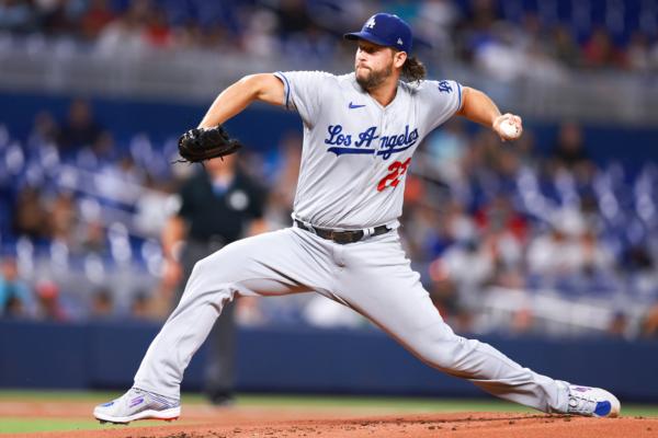 Clayton Kershaw (22) of the Los Angeles Dodgers delivers a pitch against the Miami Marlins during the first inning at loanDepot Park in Miami on Sept. 5, 2023. (Megan Briggs/Getty Images)