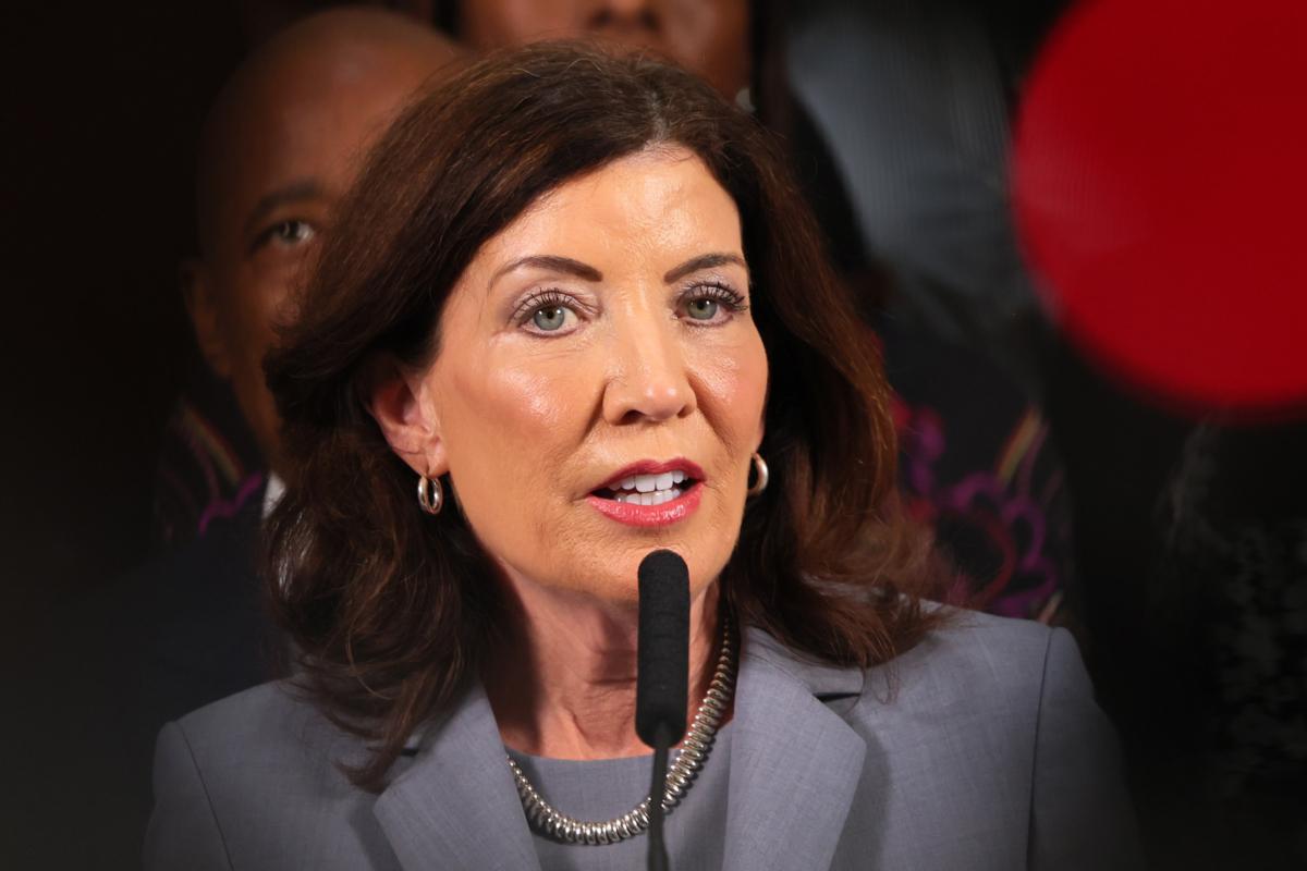 New York Gov. Kathy Hochul speaks during a press conference on gun violence prevention and public safety in New York City on July 31, 2023. (Michael M. Santiago/Getty Images)