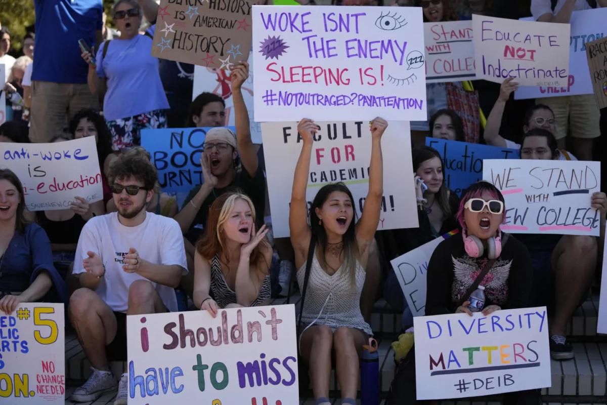 New College of Florida students and supporters protest against the removal of DEI policies ahead of a meeting by the college's board of trustees in Sarasota on Feb. 28, 2023. (Rebecca Blackwell/AP Photo)