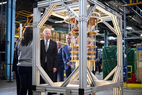  President Joe Biden looks at a quantum computer as he tours the IBM facility in Poughkeepsie, New York, on Oct. 6, 2022. (Mandel Ngan/AFP via Getty Images)
