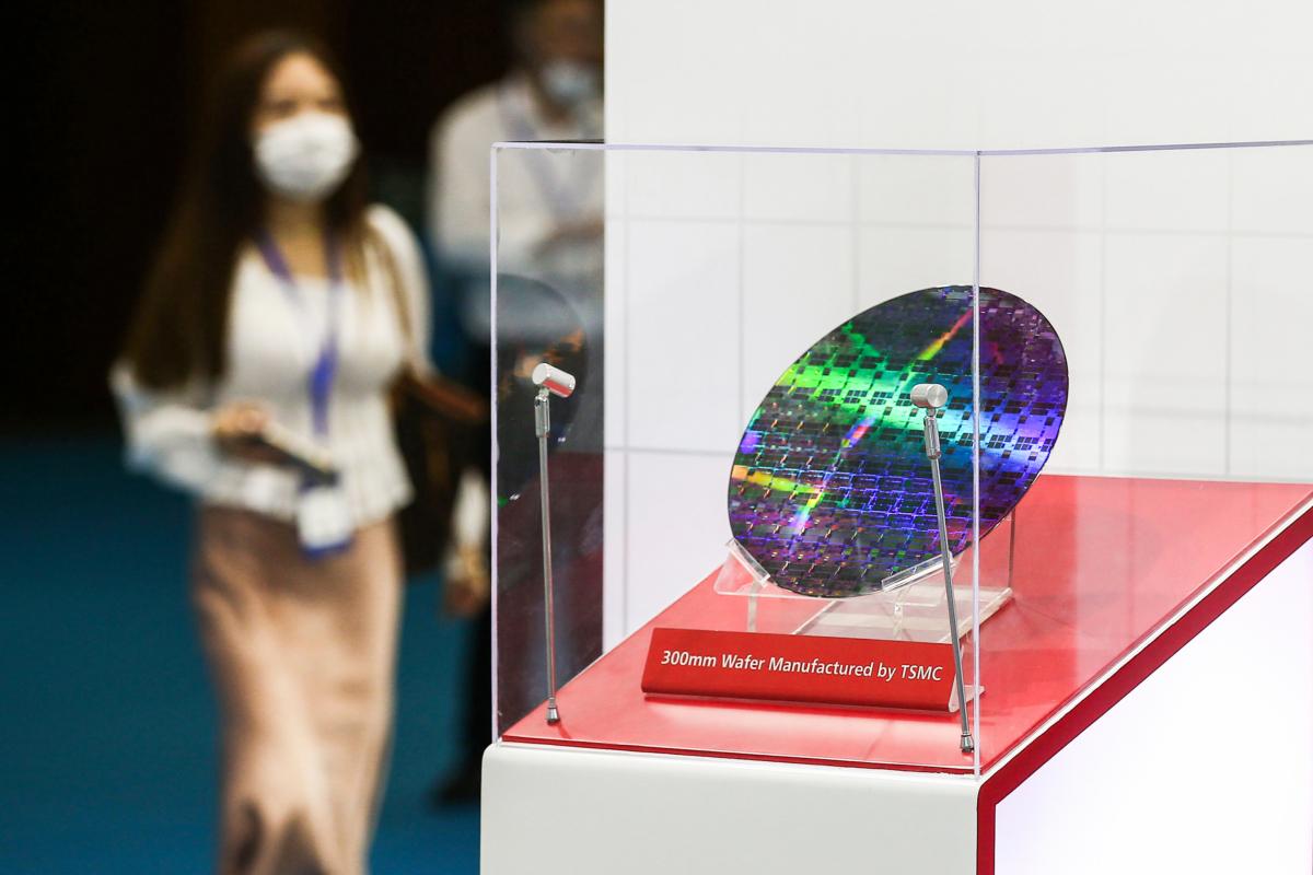 A chip by Taiwan Semiconductor Manufacturing Co. (TSMC) is on display at the 2020 World Semiconductor Conference in Nanjing, Jiangsu Province, China, on Aug. 26, 2020. (STR/AFP via Getty Images)