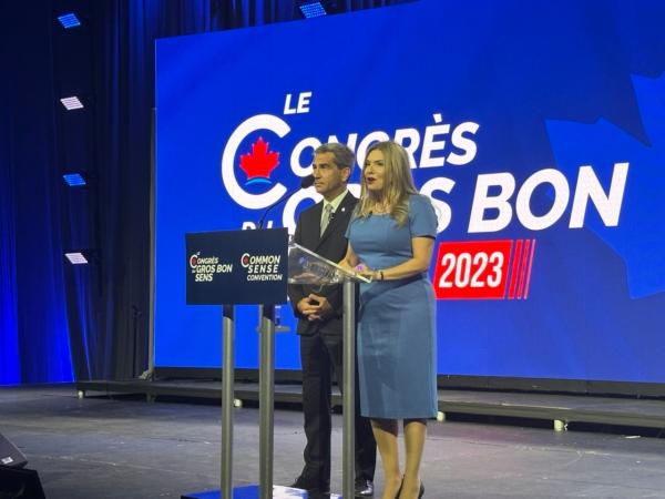 Conservative MPs Pierre Paul-Hus and Stephanie Kusie at the Conservative Party convention at the Centre des congrès de Québec in Quebec City on Sept. 7, 2023. (Omid Ghoreishi/The Epoch Times)