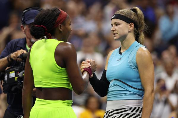 Coco Gauff of the United States speaks with Karolina Muchova of the Czech Republic following their Women's Singles Semifinal match on Day Eleven of the 2023 US Open at the USTA National Tennis Center in Flushing, New York City on Sept. 7, 2023. (Elsa/Getty Images)