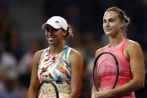 Madison Keys (L) of the United States and Aryna Sabalenka of Belarus pose for a photo before their Women's Singles Semifinal match on Day Eleven of the 2023 US Open at the USTA National Tennis Center in Flushing, New York City, on Sept. 7, 2023. (Elsa/Getty Images)