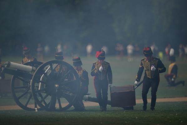 Members of the King's Troop Royal Horse Artillery fire a Gun Royal Salute in Hyde Park, London, to mark Accession Day, the first anniversary of King Charles III accession to the throne and to mark Queen Elizabeth II death first anniversary on Friday September 8, 2023 (Yui Mok/PA Wire)
