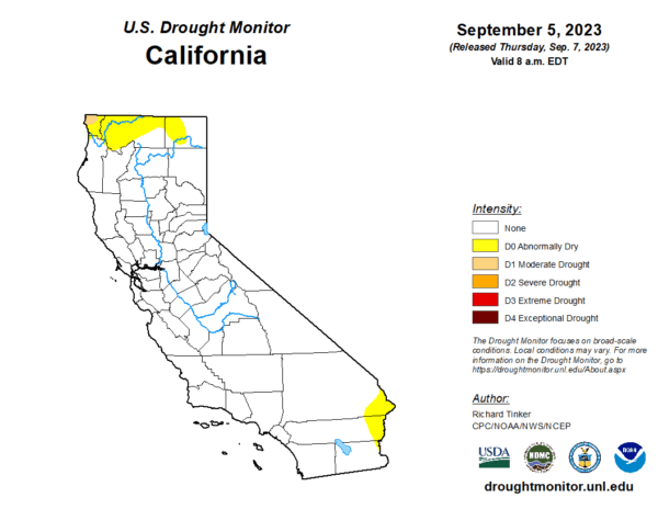 A map shows California’s drought conditions on Sept. 5, 2023. (Courtesy of the U.S. Drought Monitor)