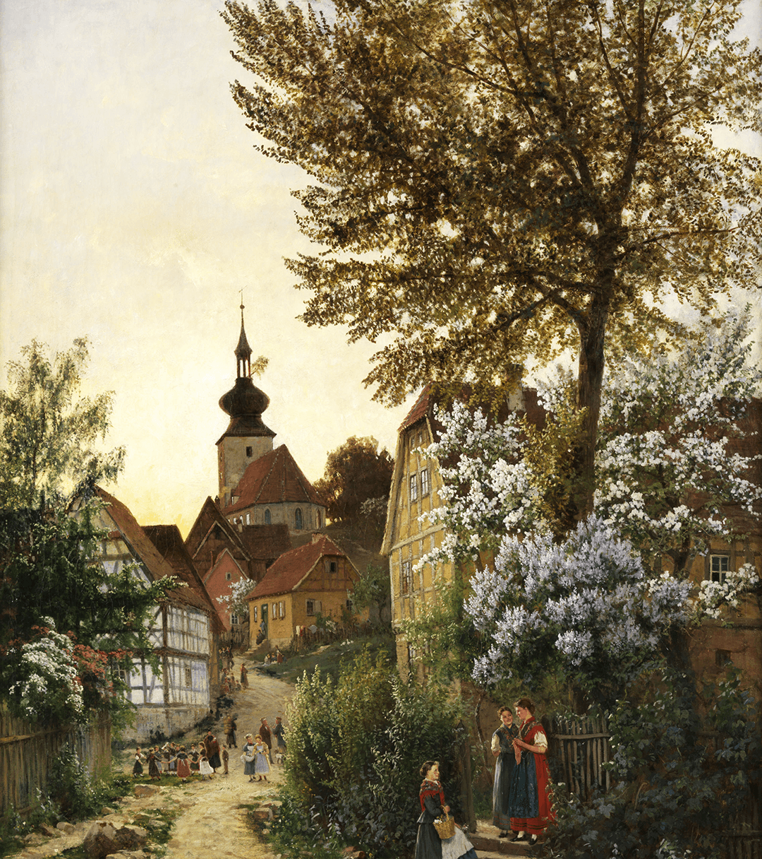 An idyllic village scene with half-timbered buildings and a blossoming lilac bush in May. "May Evening in the Tieftal-Erfurt," 1885, by Emil Zschimmer. Oil on canvas. Private Collection. (Public Domain)
