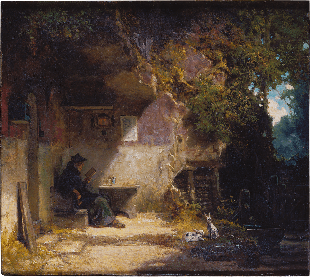 "The Hermit in Front of His Retreat," 1844, by Carl Spitzweg. Oil on canvas. Städel Museum, Frankfurt, Germany. (Public Domain)