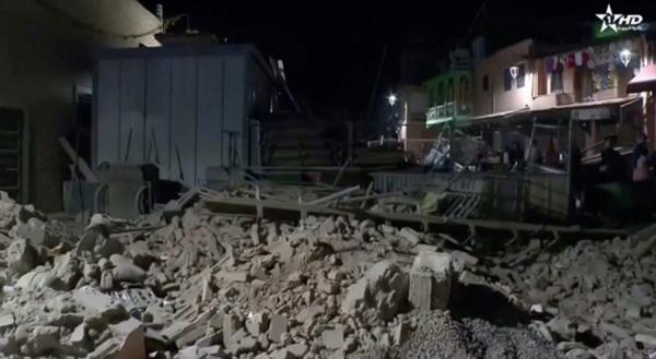 View of rubble from the earthquake in Marrakech, Morocco, on Sept. 9, 2023, in this screen grab taken from a video. (Al Oula TV/Handout via Reuters)