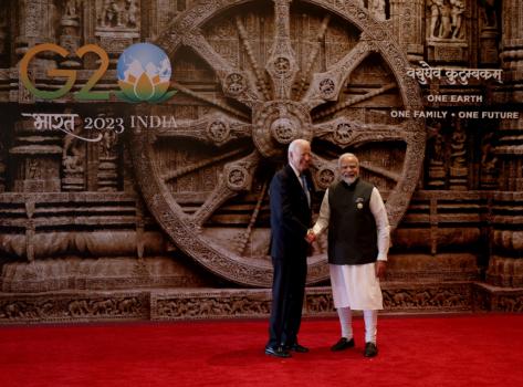Prime Minister Narendra Modi of India welcomes U.S. President Joe Biden for the G20 Leaders' Summit in New Delhi, on Sept. 9, 2023. (Dan Kitwood/Getty Images)