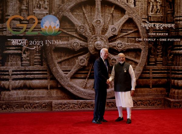 Prime Minister Narendra Modi of India welcomes U.S. President Joe Biden for the G20 Leaders' Summit on September 9, 2023 in New Delhi, Delhi. (Dan Kitwood/Getty Images)