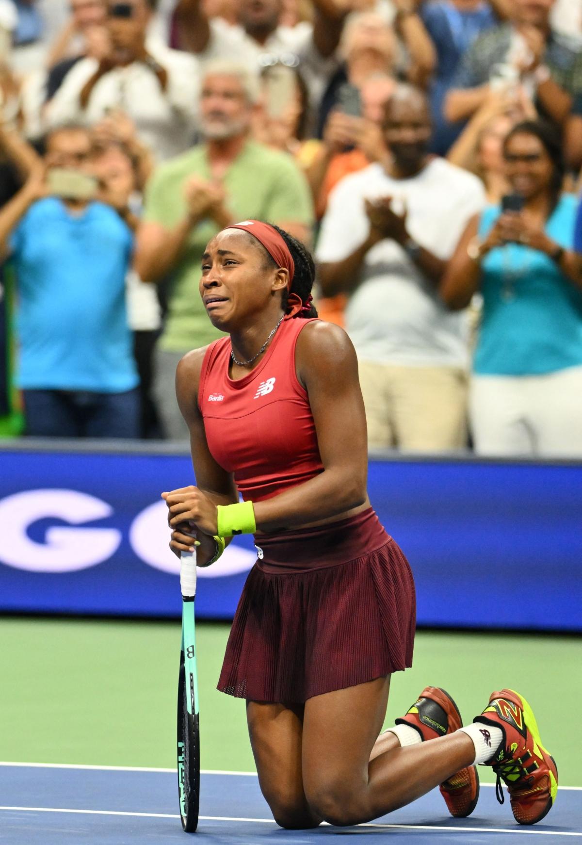 Coco Gauff of the United States celebrates defeating Aryna Sabalenka of Belarus in the US Open tennis tournament women's singles final match at the USTA National Tennis Center in New York on Sept. 9, 2023. (Angela Weiss/AFP via Getty Images)