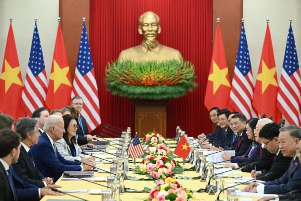 President Joe Biden and Vietnam's Communist Party General Secretary Nguyen Phu Trong (3R) meet at the Communist Party of Vietnam Headquarters in Hanoi on Sept. 10, 2023. (Saul Loeb/AFP via Getty Images)